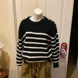 H&M Black and White Striped Sweater with Gold Button Accents